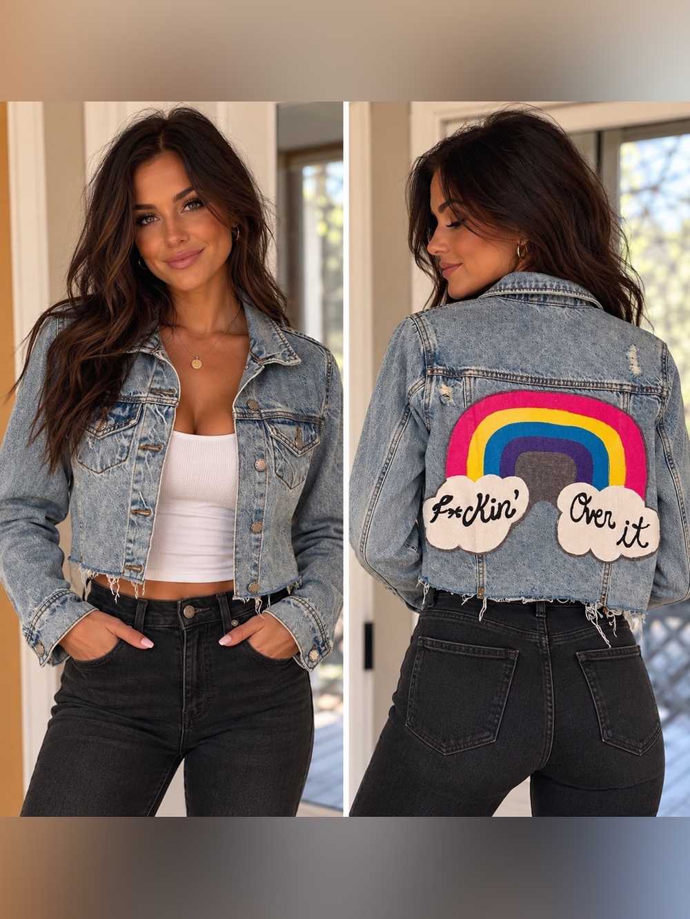 Tahari Light Wash Cropped Denim Jacket with Rainbow Patch